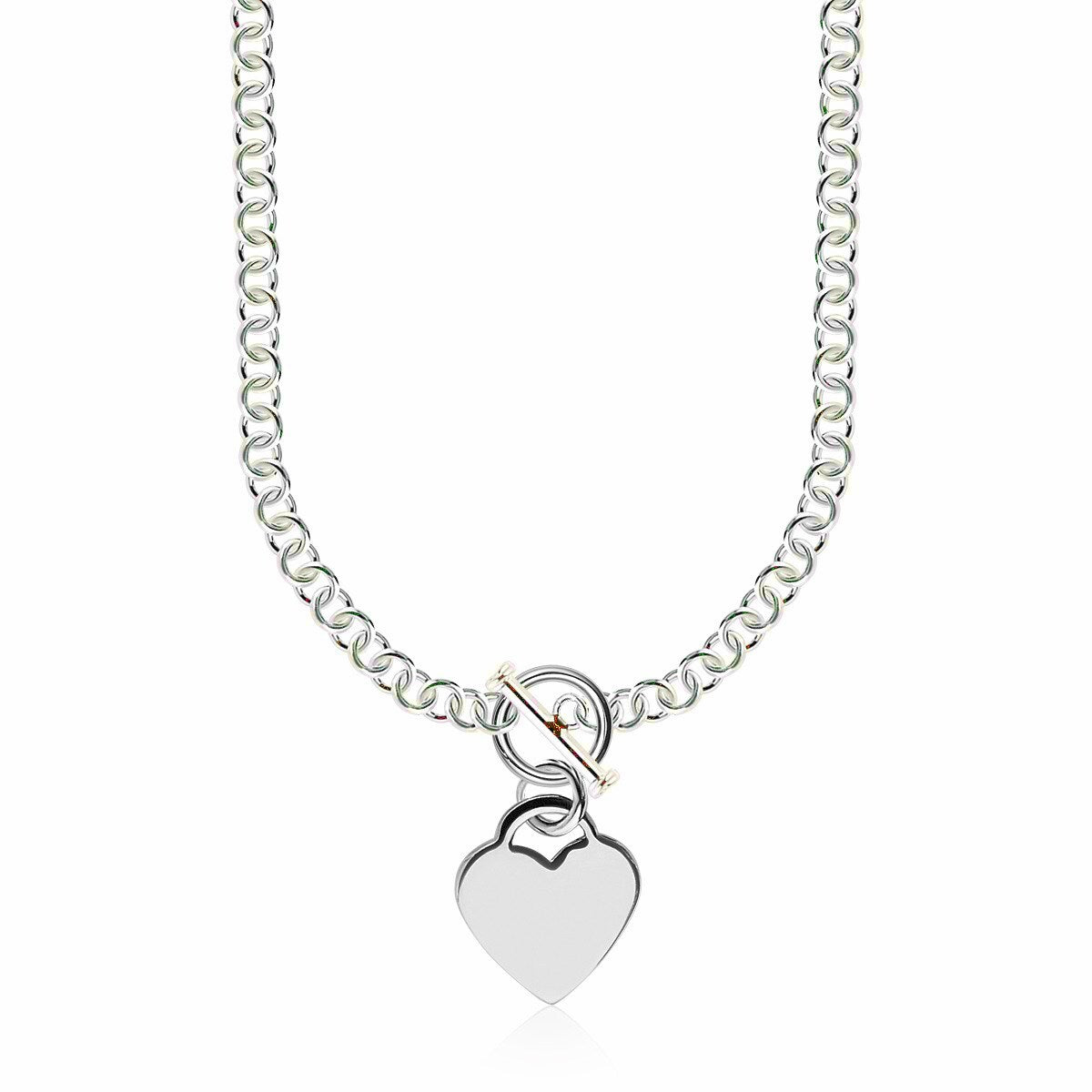 Sterling Silver Rhodium Plated Rolo Chain Necklace with a Heart Toggle Charm, size 16''