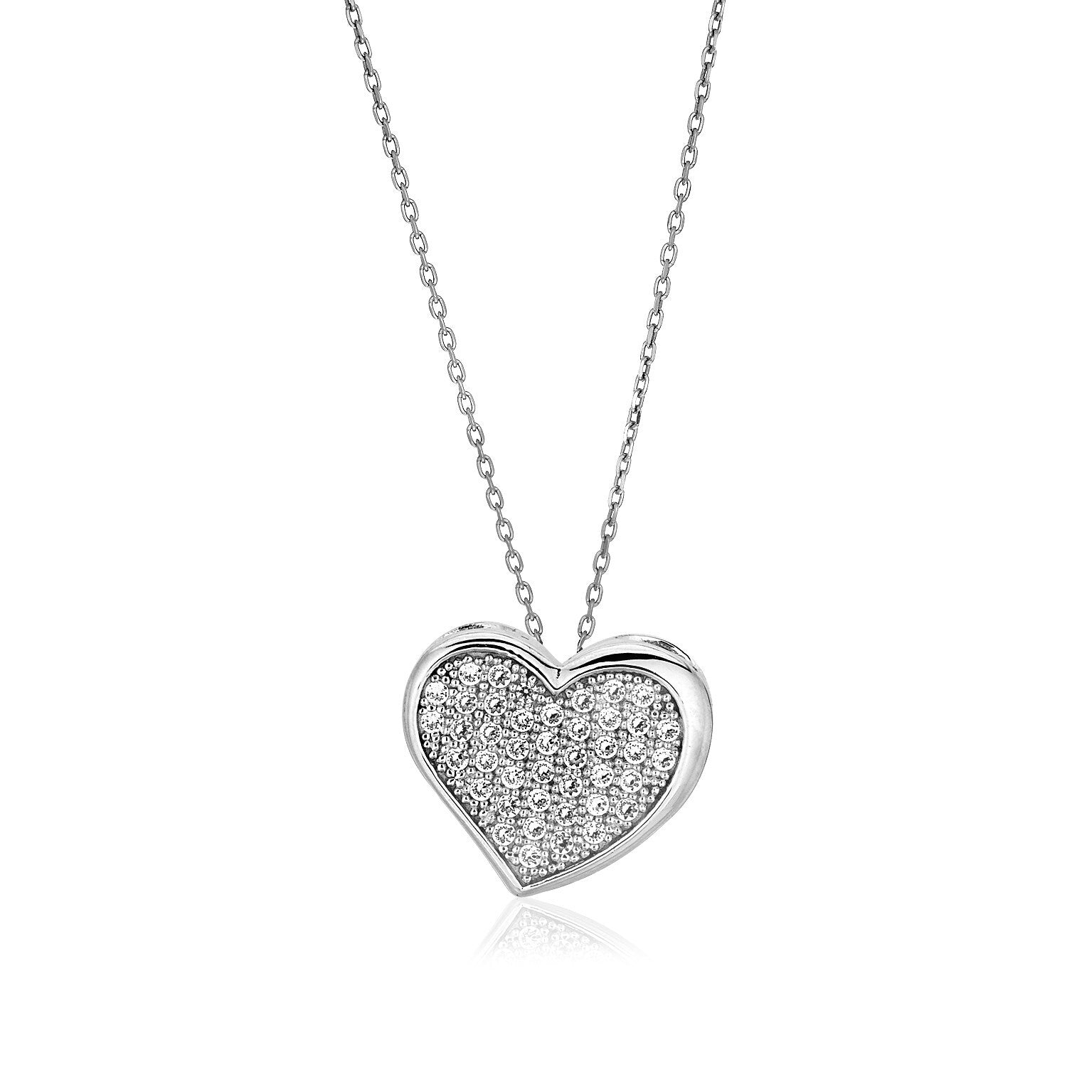 Sterling Silver Heart Necklace with Cubic Zirconias, size 18''