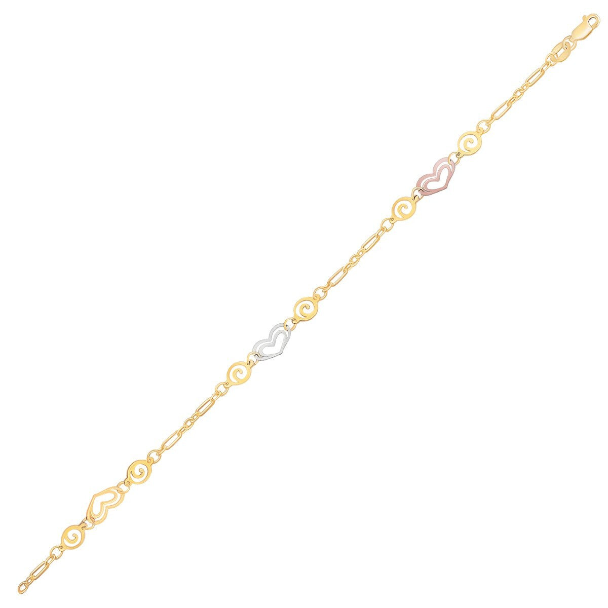 14k Tri-Color Gold Anklet with Multi Color Heart Stations, size 10''