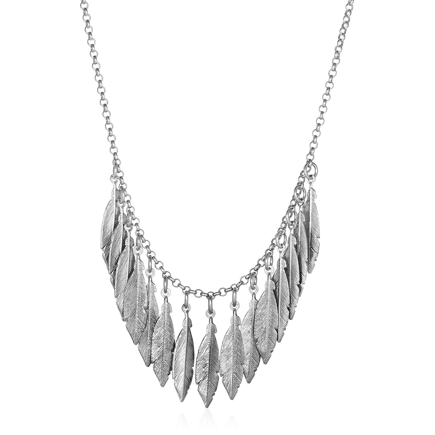Necklace with Multiple Textured Leaf Drops in Sterling Silver, size 18''