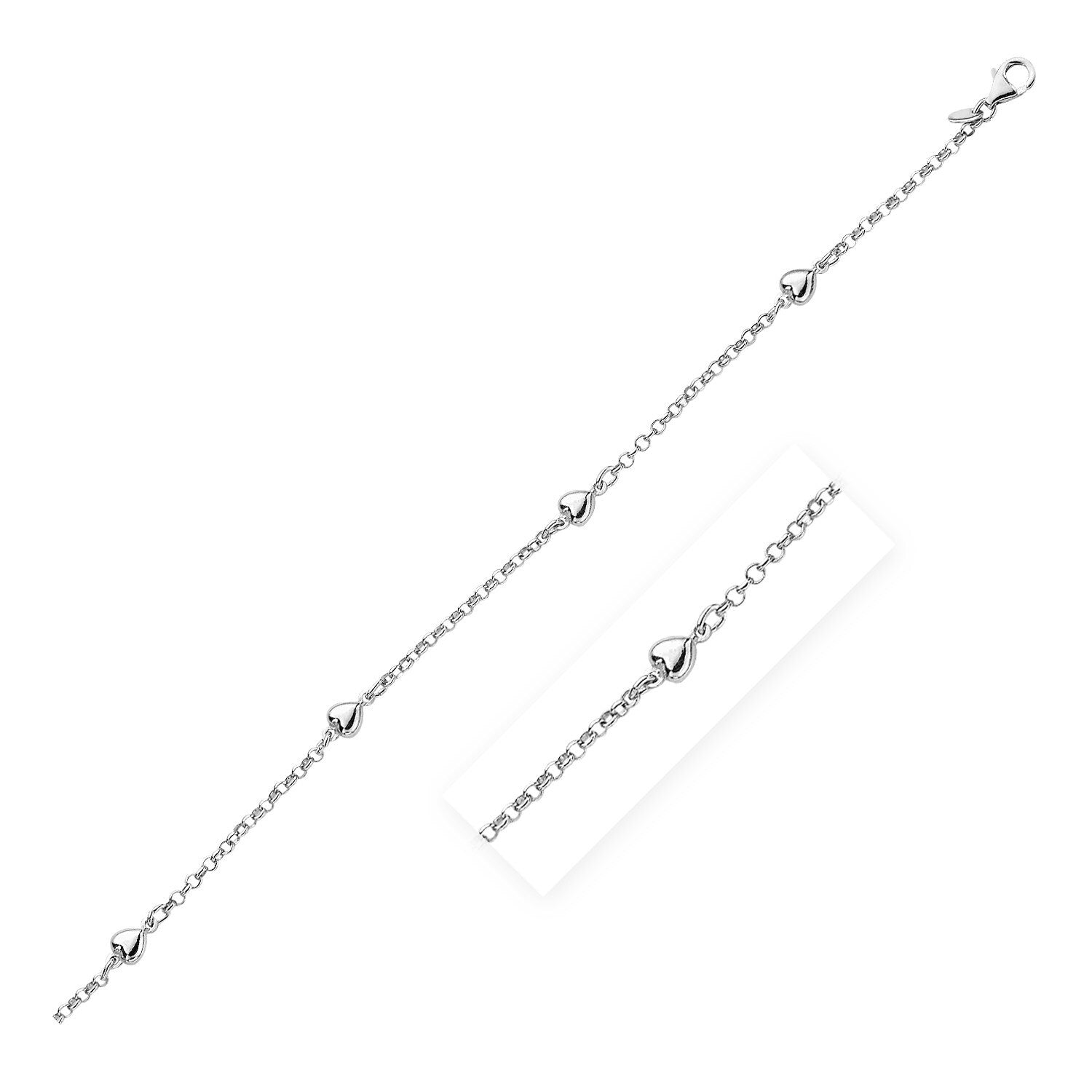 Sterling Silver Chain Anklet with Polished Hearts, size 10''