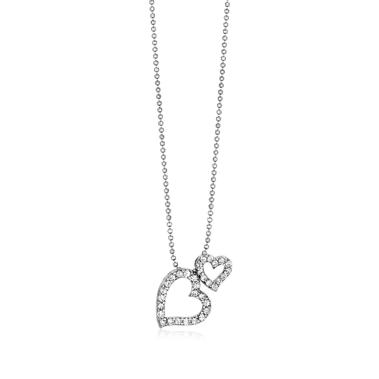 Sterling Silver Necklace with Two Open Hearts and Cubic Zirconias, size 18''