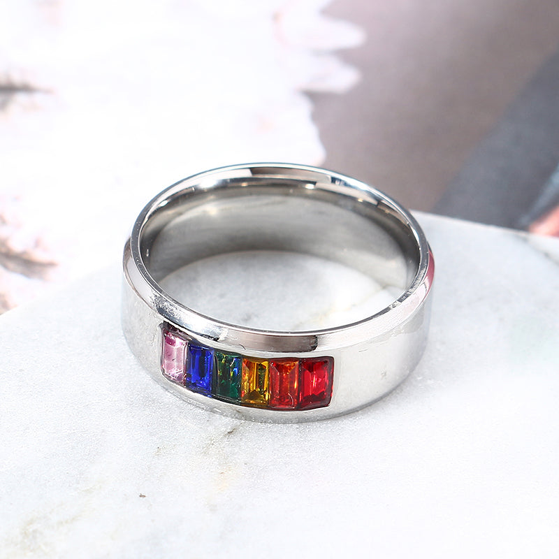 Trendy Stainless Steel Finger Ring Rainbow Rhinestone Ring Wholesale for Men