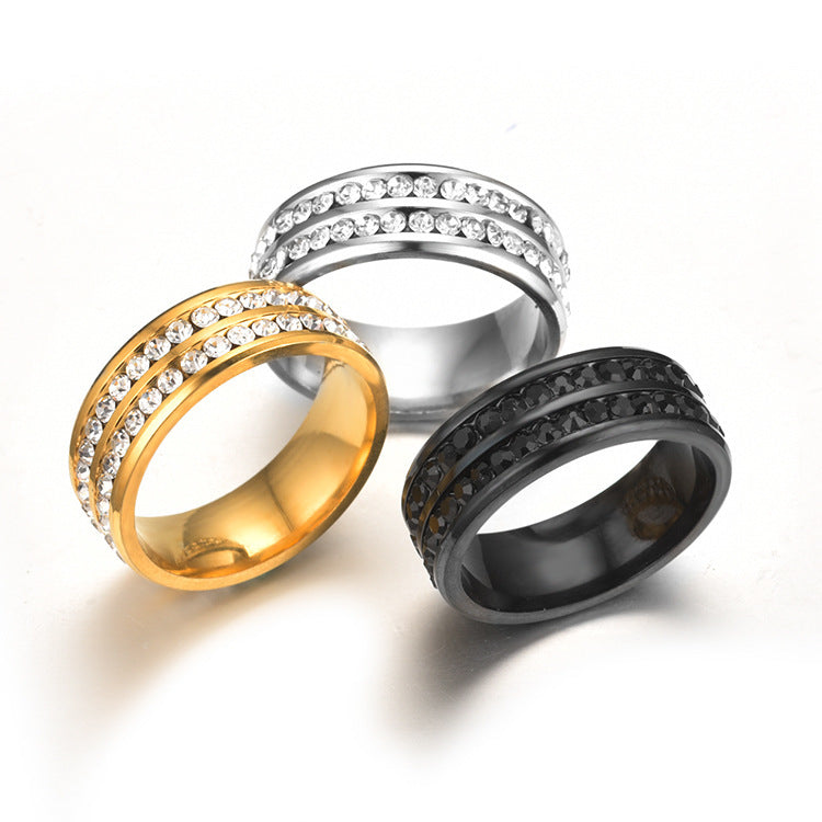 Trendy Stainless Steel Double Rhinestone Finger Ring for Men