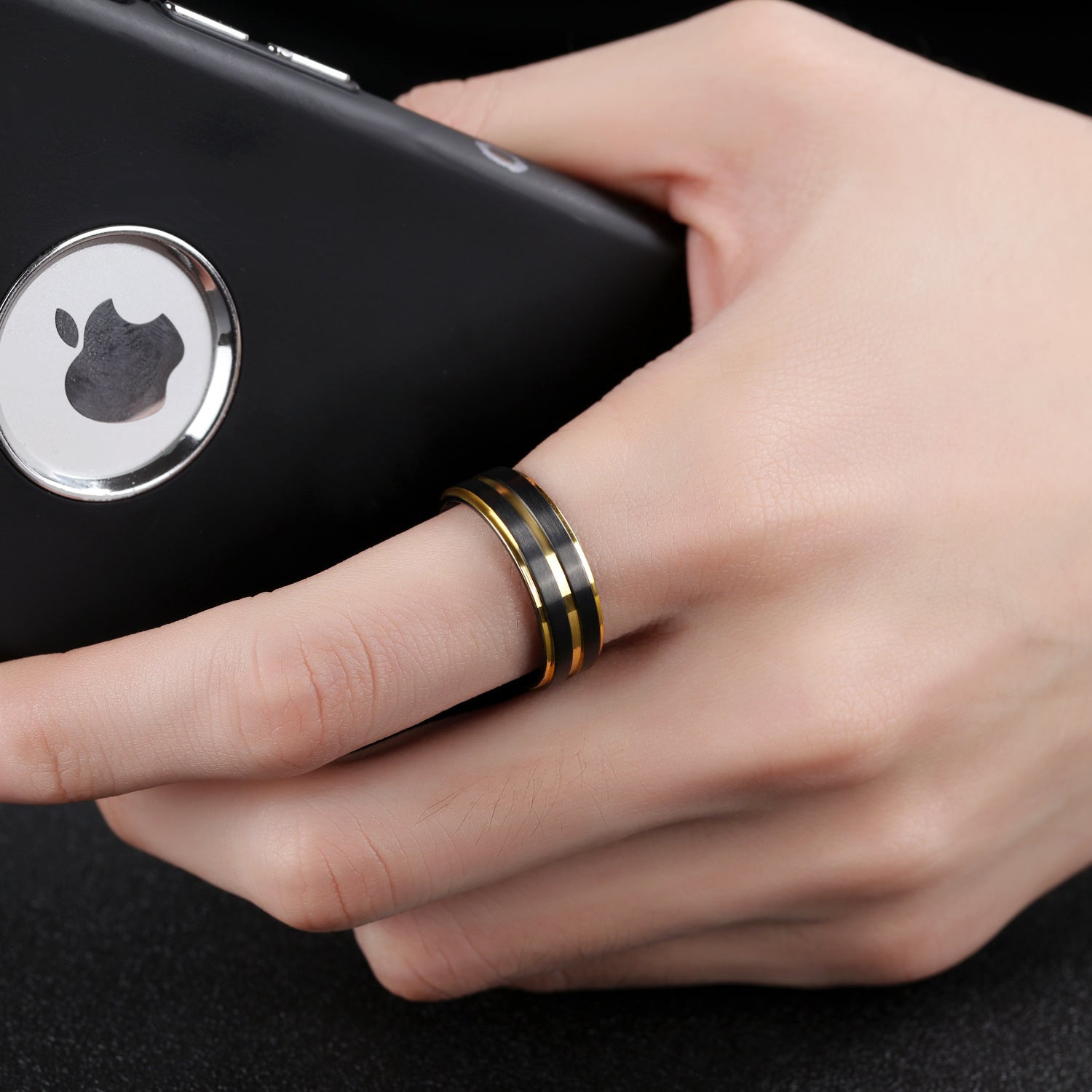 7mm Black Gold Double Plating Finger Rings Titanium Steel Slot Groove Ring Jewelry for Men