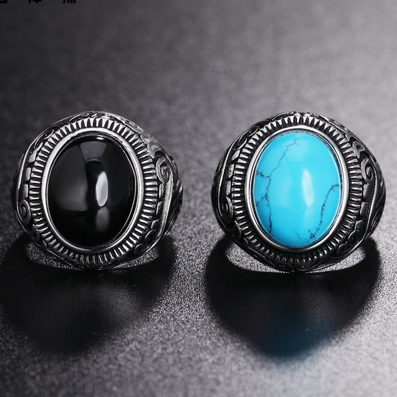 REZEX Vintage Blue Black Turquoise Rings Titanium Steel