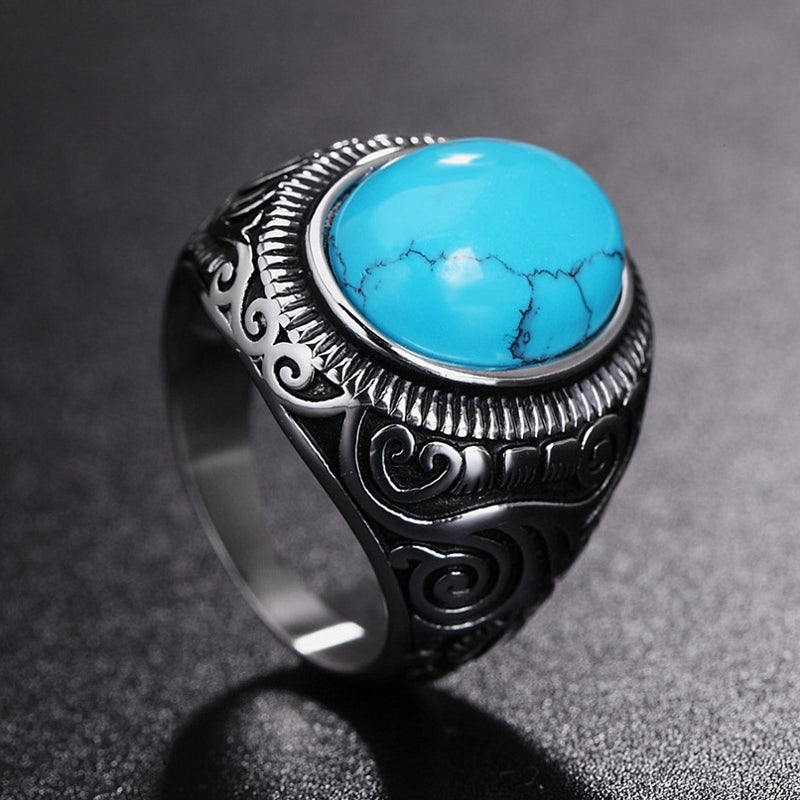 REZEX Vintage Blue Black Turquoise Rings Titanium Steel