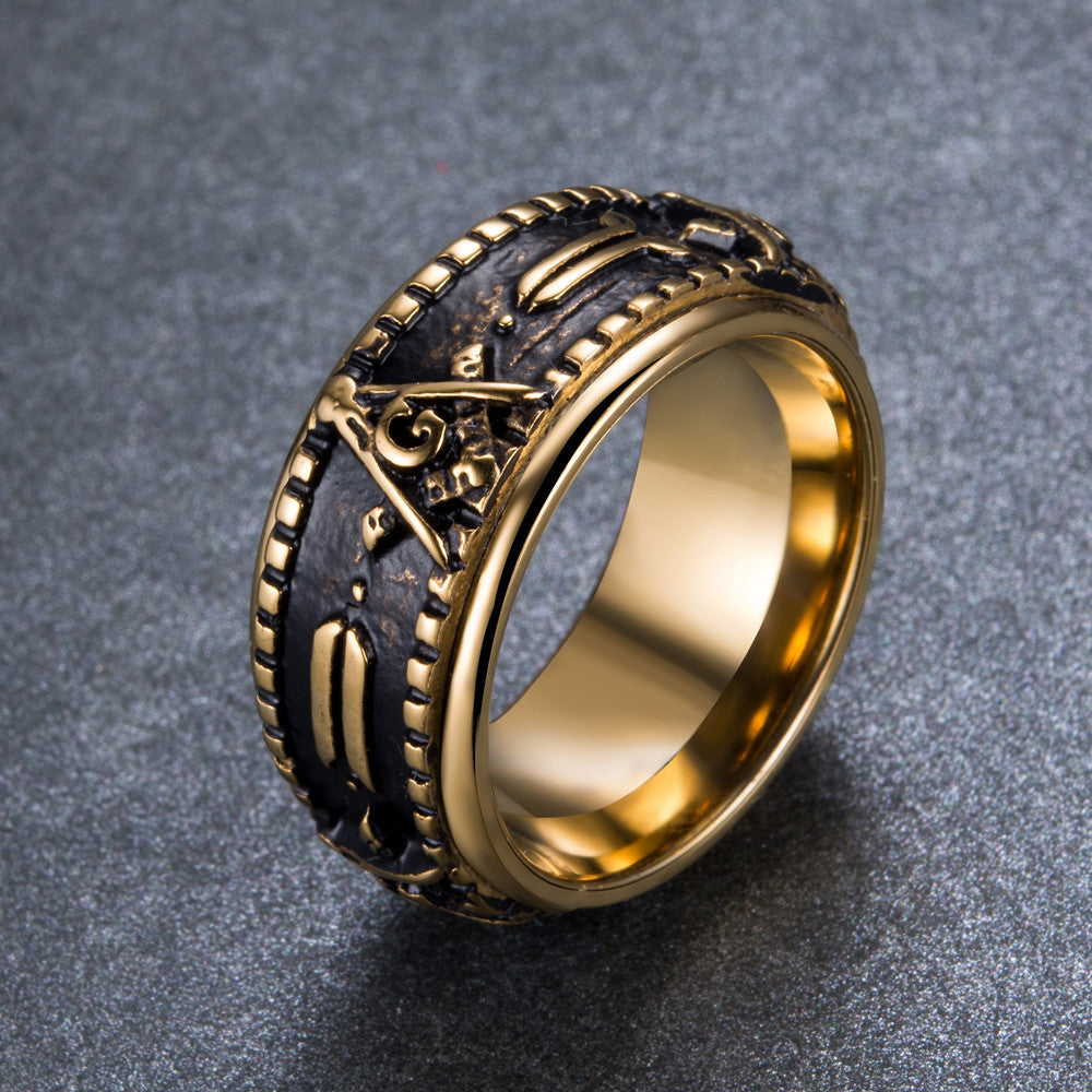 Ethnic Masonic Pattern Stainless Steel Finger Rings For Men