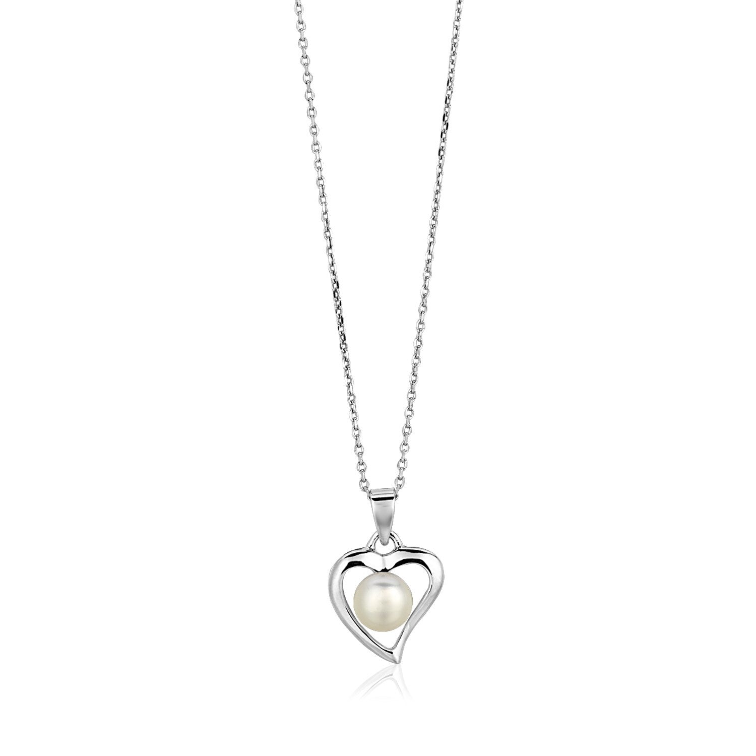 Sterling Silver Open Heart Necklace with Freshwater Pearl, size 18''