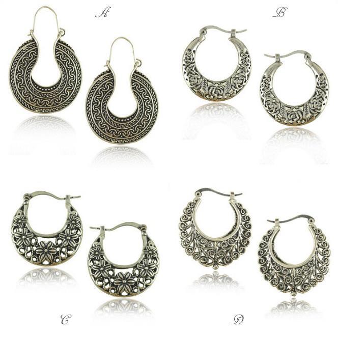 Style: Design-D - Silver Tribal look Filigree Hoop Earrings For World Traveller