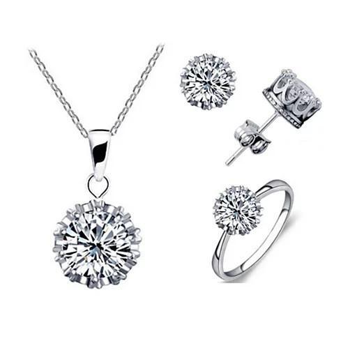 Ring Size: 9 - Tiara Set Of 4 Necklace Pendant Ring And Stud Earrings In Silver Plated Crown Setting