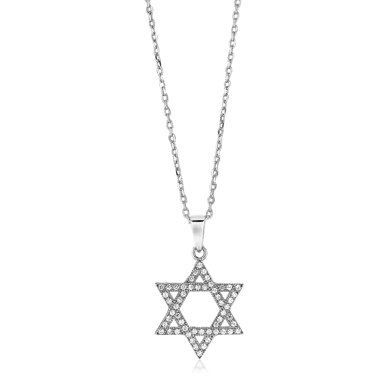 Sterling Silver Star of David Necklace with Cubic Zirconias, size 18''