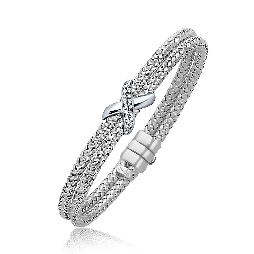 Diamond Accented X Station Weave Bangle in 14k White Gold (.17 cttw), size 7.25''