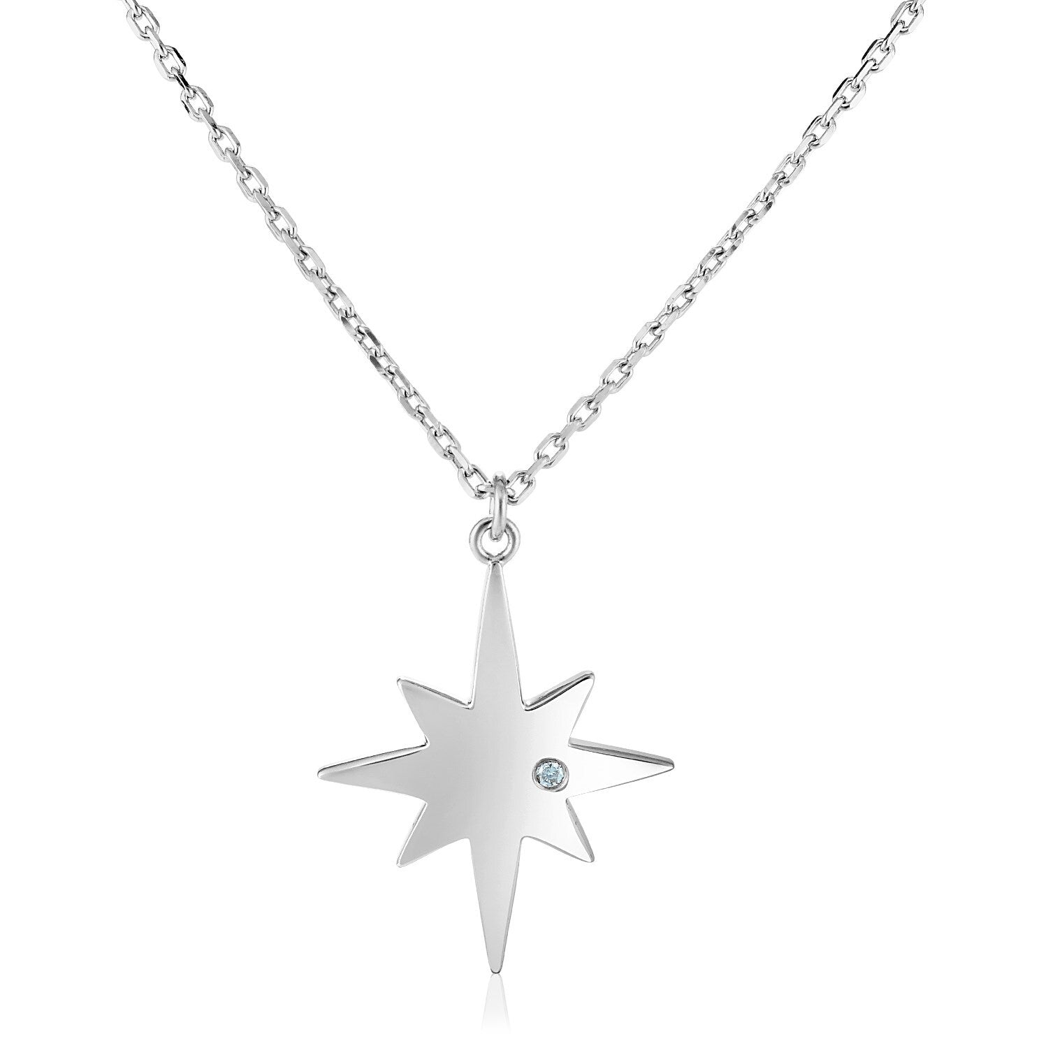 Sterling Silver 18 inch Necklace with Polished Star with Diamond, size 18''