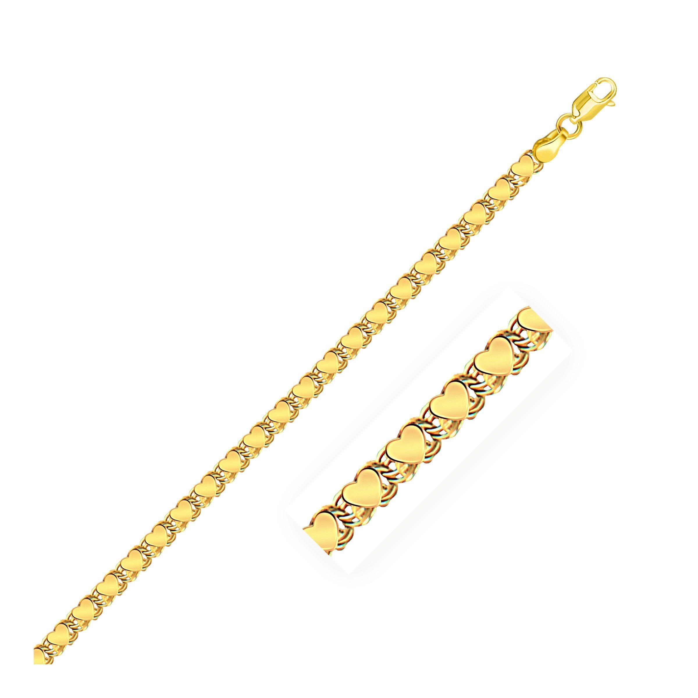 3.3mm 14k Yellow Gold Heart Anklet, size 10''