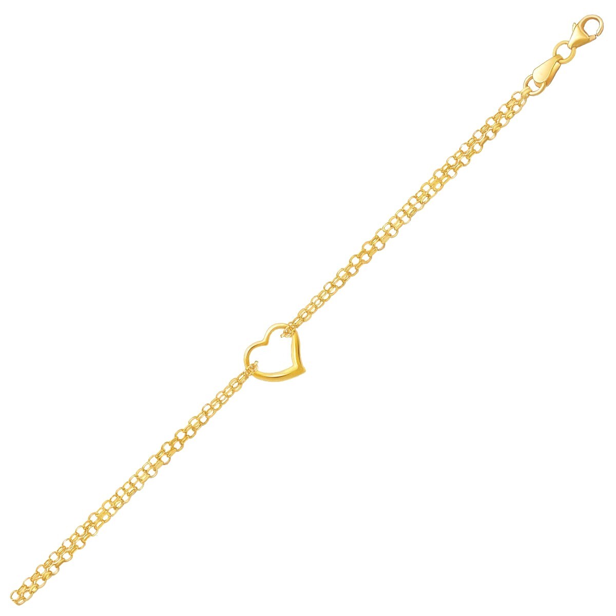 10k Yellow Gold Double Rolo Chain Anklet with an Open Heart Station, size 10''