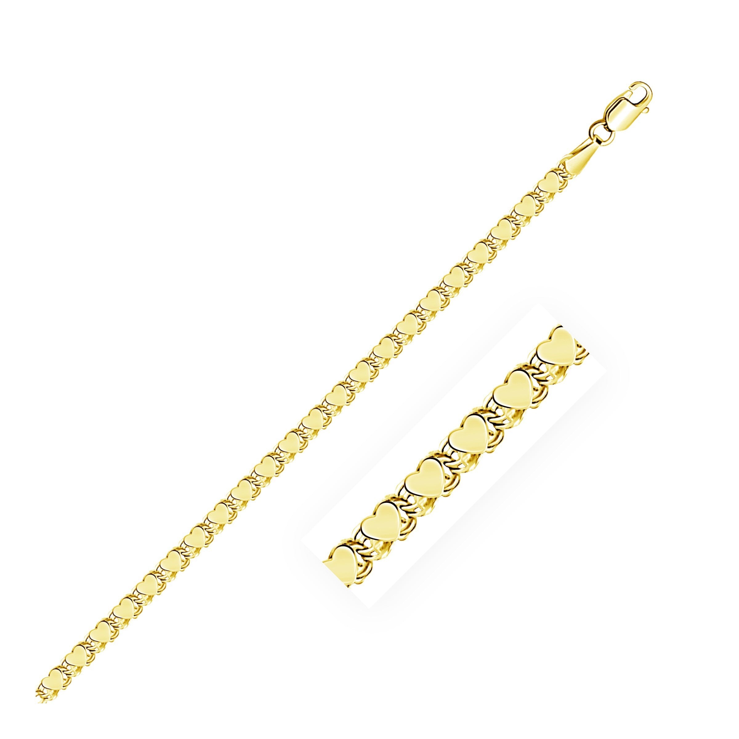 2.9mm 14k Yellow Gold Heart Anklet, size 10''