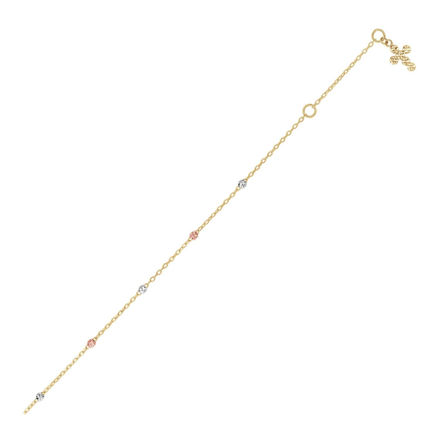 14k Tri Color Gold Anklet with Cross, size 10''