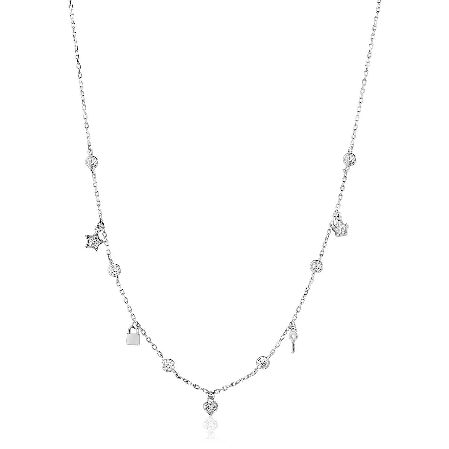 Sterling Silver 18 inch Necklace with Novelty Dangles and Cubic Zicronias, size 18''