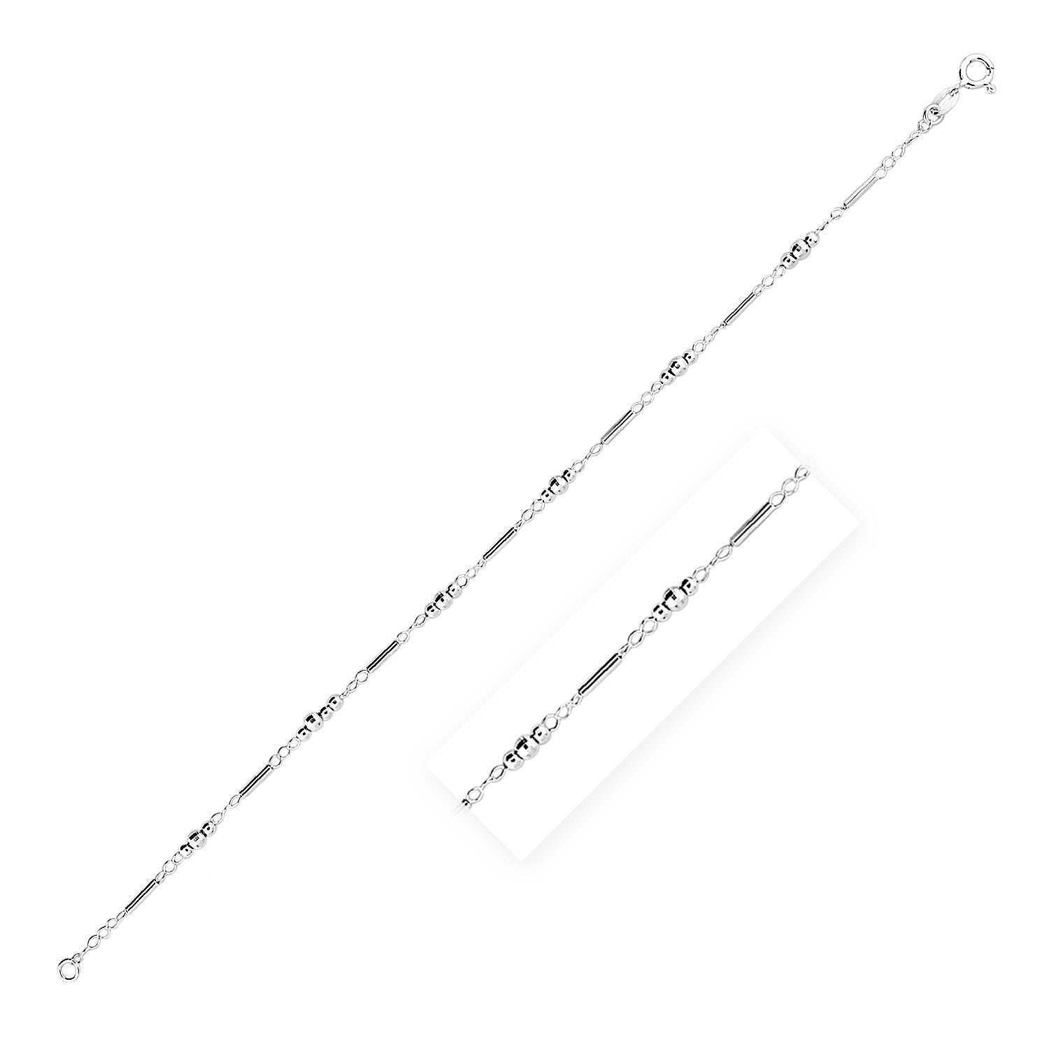 Sterling Silver Anklet with Polished Bars and Beads, size 10''