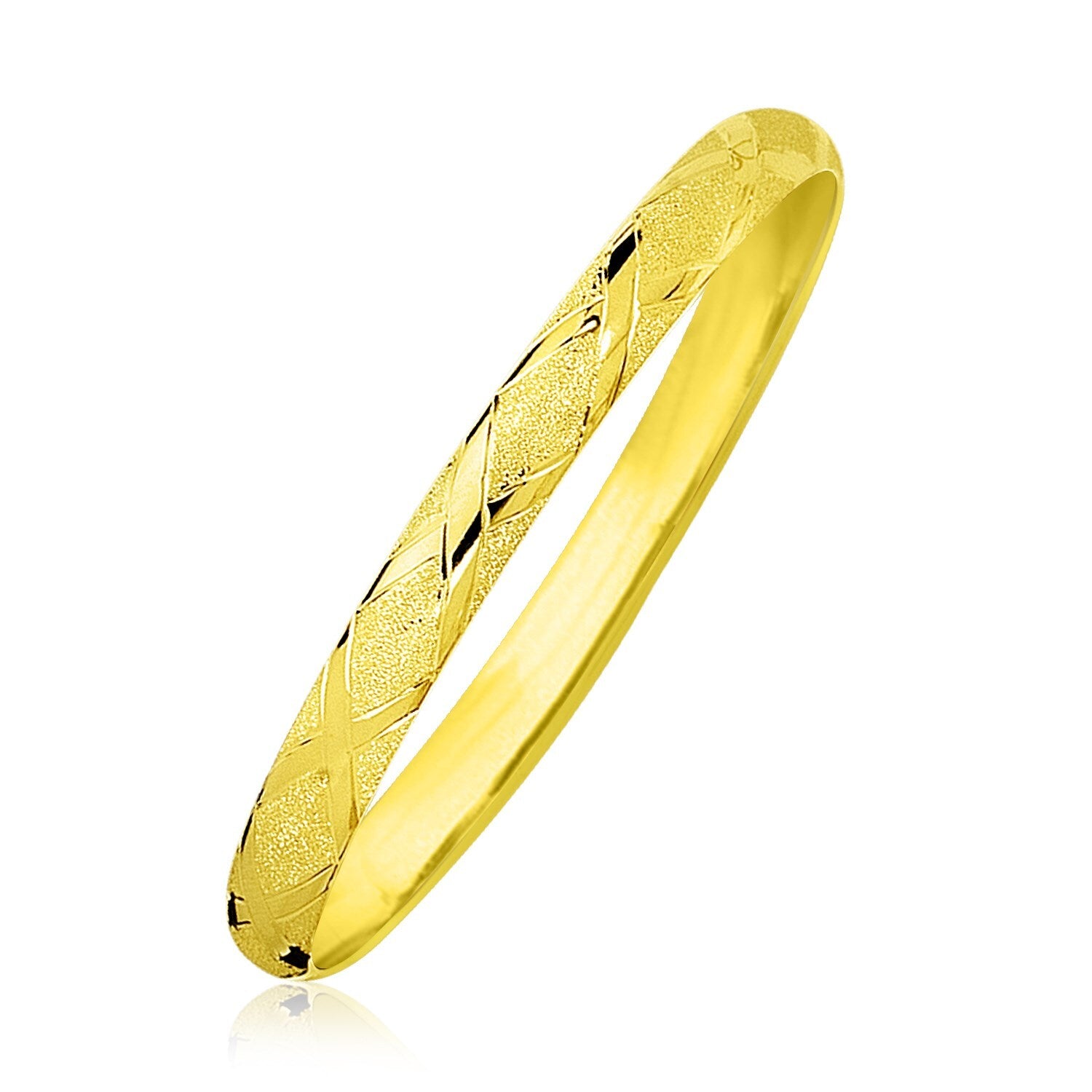 10k Yellow Gold Slender Diamond Pattern Textured Bangle, size 7''
