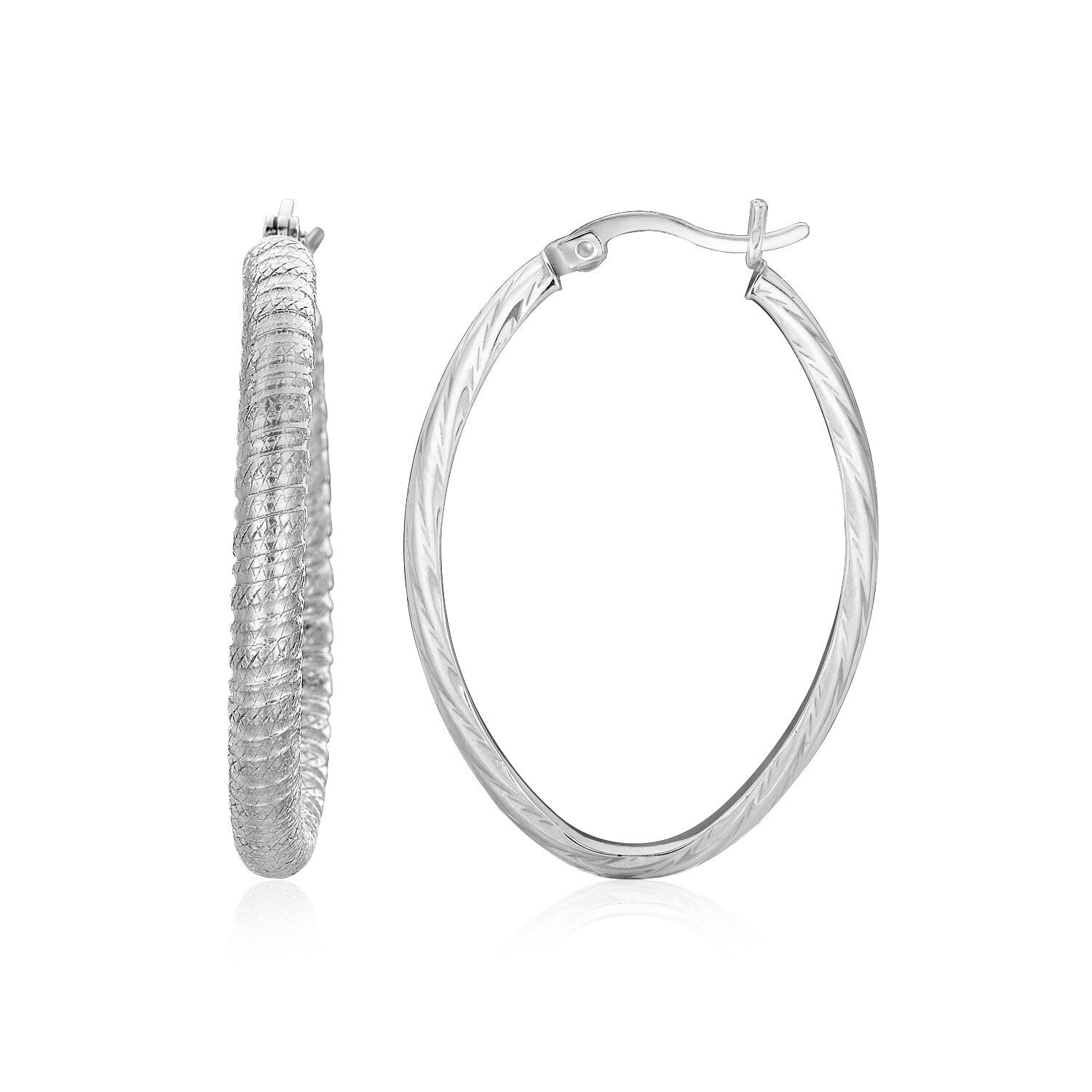Sterling Silver Oval Textured Finish Oval Hoop Earrings