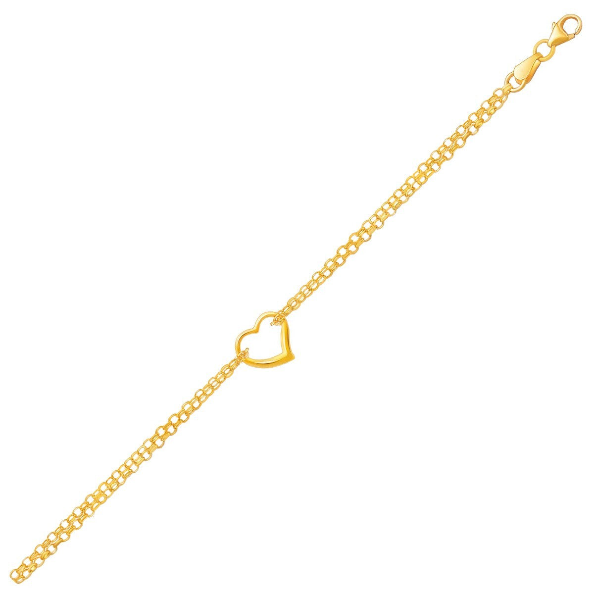 14k Yellow Gold Double Rolo Chain Anklet with an Open Heart Station, size 10''