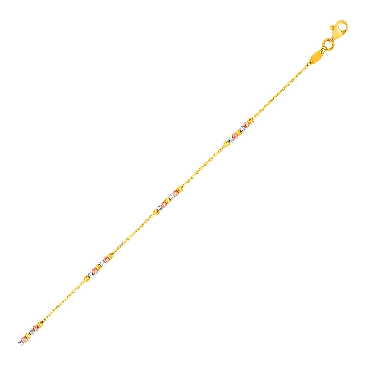 14k Tri Color Gold Anklet with Textured Beads, size 10''
