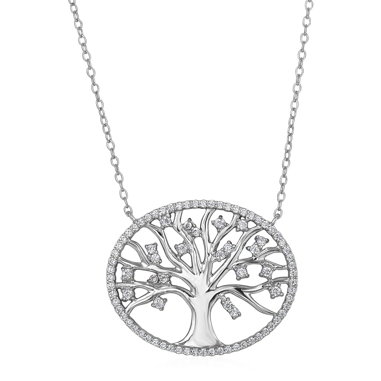 Tree of Life Necklace with Cubic Zirconia in Sterling Silver, size 18''