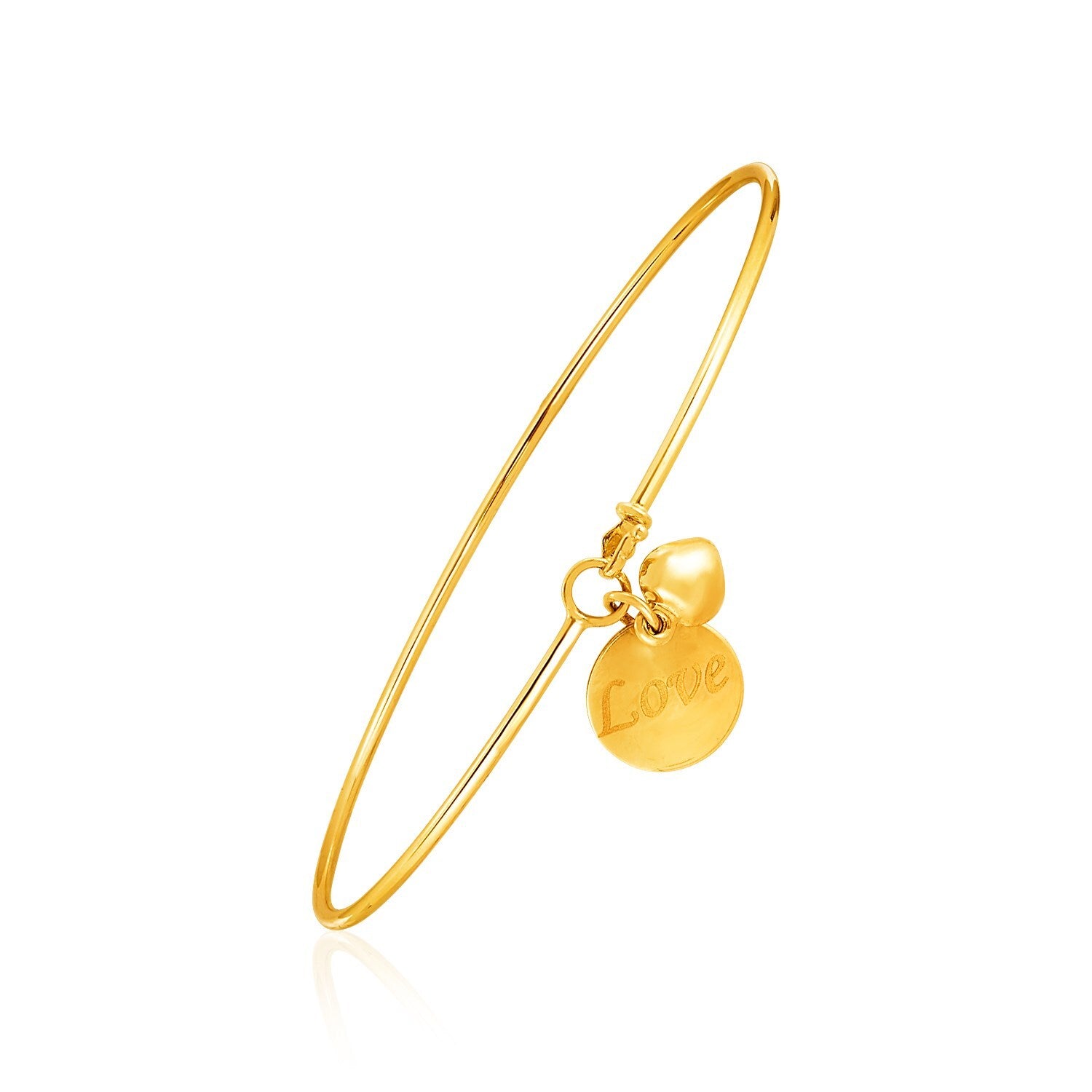14k Yellow Gold Bangle with Engraved Love and Puffed Heart Charms