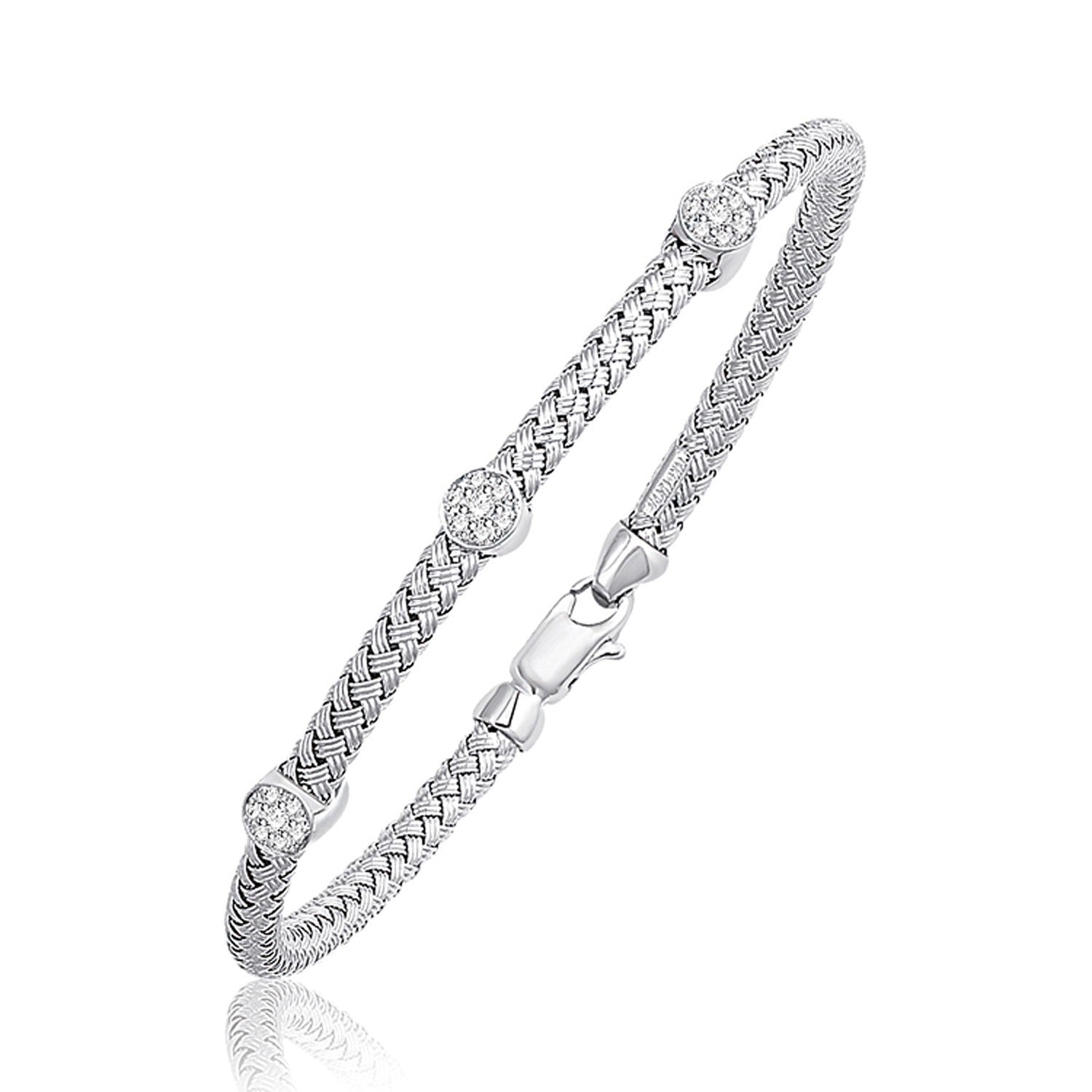 Basket Weave Bangle with Diamond Accents in 14k White Gold (4.0mm), size 7.25''