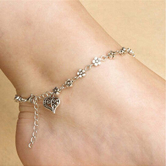 Lea Anklet With Vintage Style Heart and Flowers