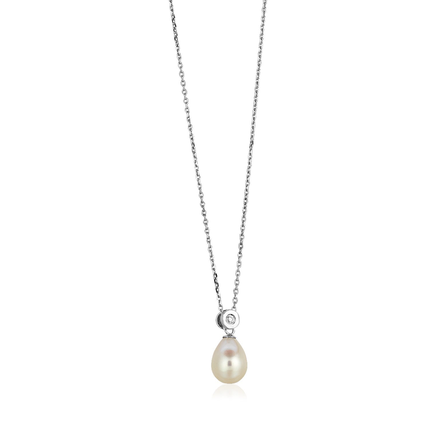 Sterling Silver Necklace with Pear Shaped Pearl and Cubic Zirconias, size 18''