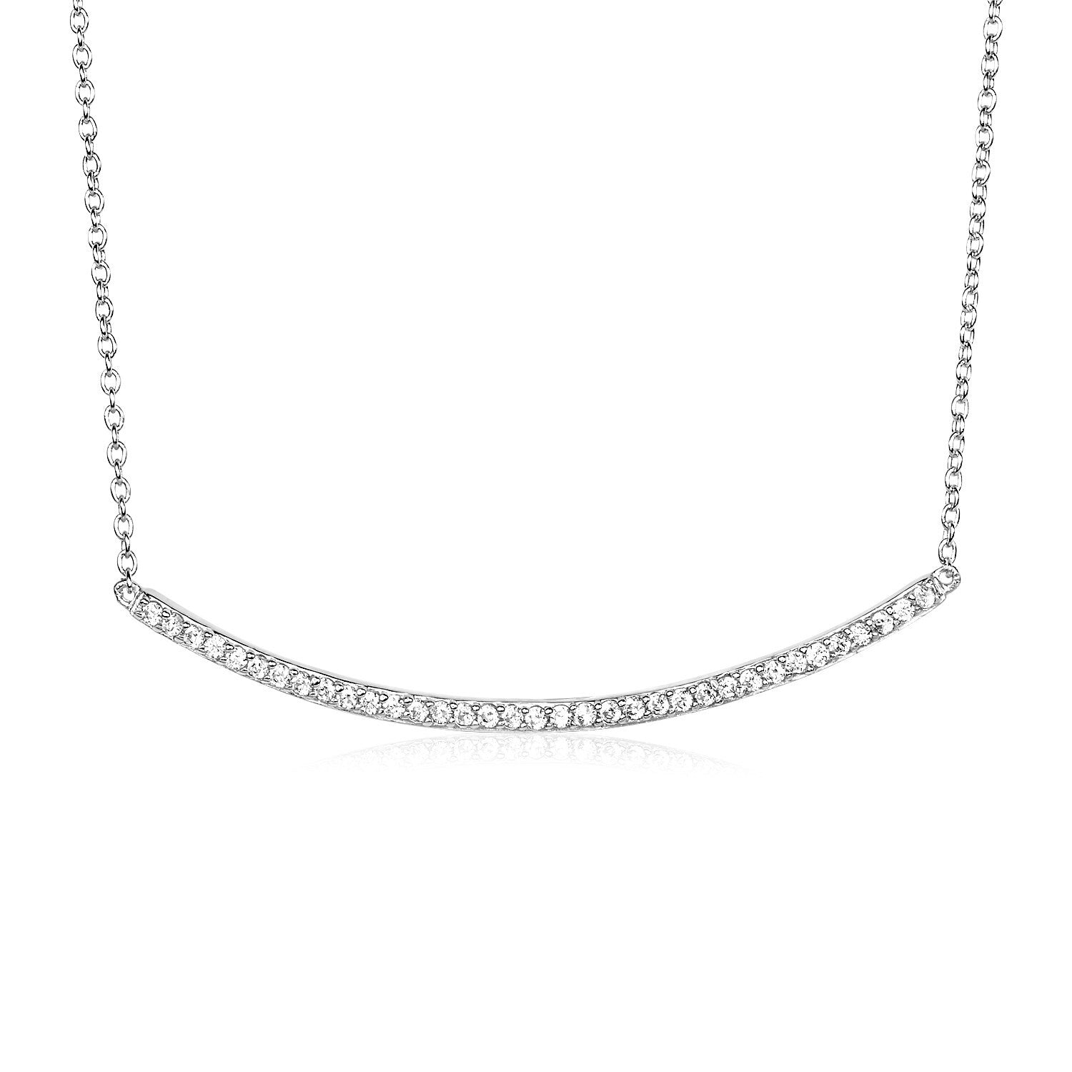 Sterling Silver Curved Bar Necklace with Cubic Zirconias, size 18''