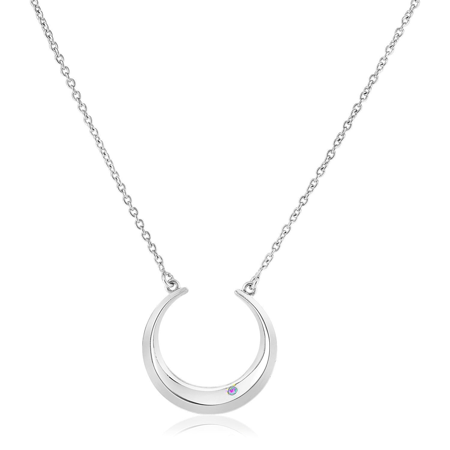 Sterling Silver 18 inch Moon Motif Necklace with Diamond, size 18''