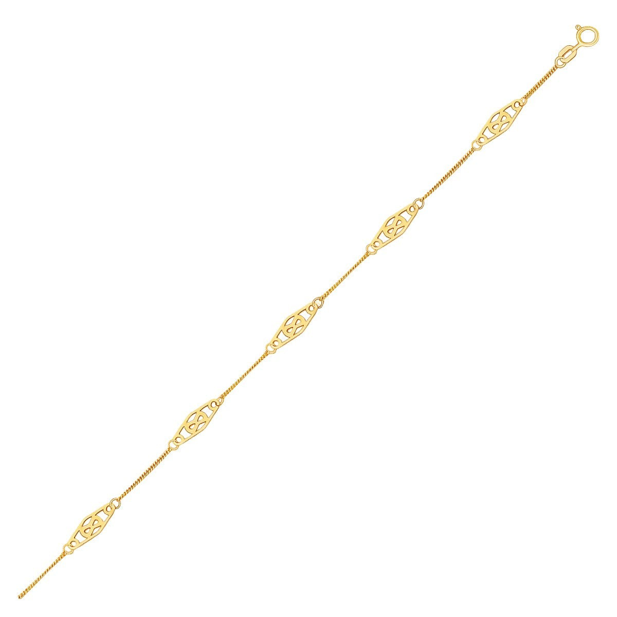 14k Yellow Gold Anklet with Fancy Diamond Shape Filigree Stations, size 10''