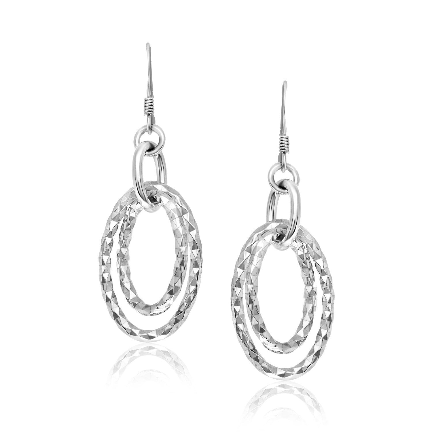 Sterling Silver Textured Dual Open Oval Style Dangling Earrings