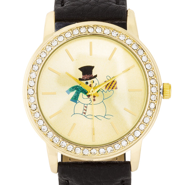 Gold Snowman Crystal Watch With Black Leather Strap