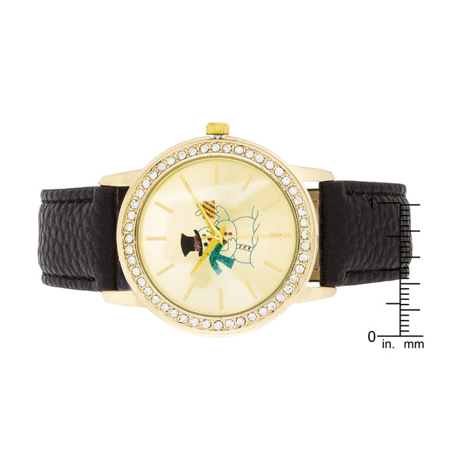 Gold Snowman Crystal Watch With Black Leather Strap